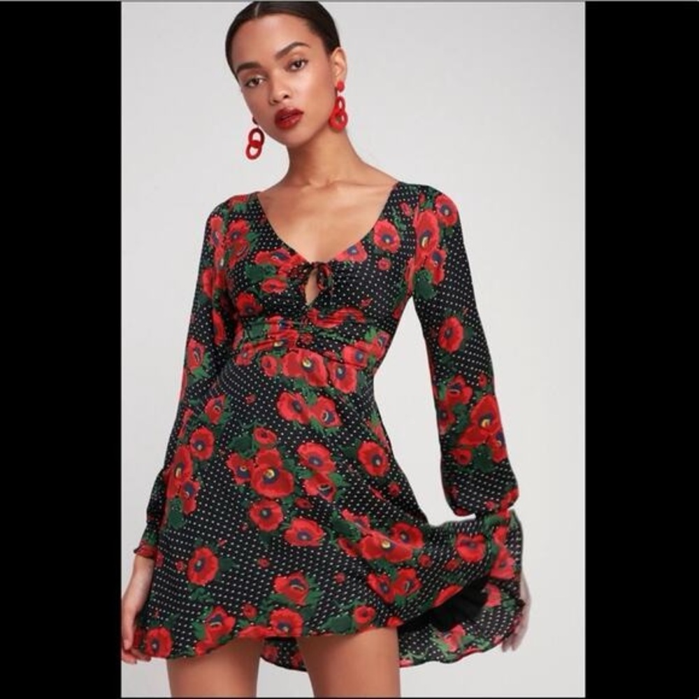 Free People Black and Red Floral Long Sleeve Dress